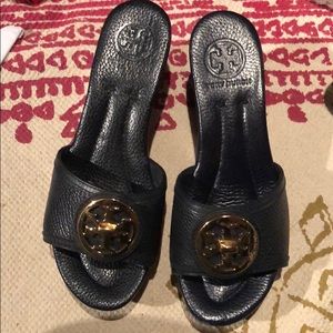 Tory Burch navy Selma slide wedges